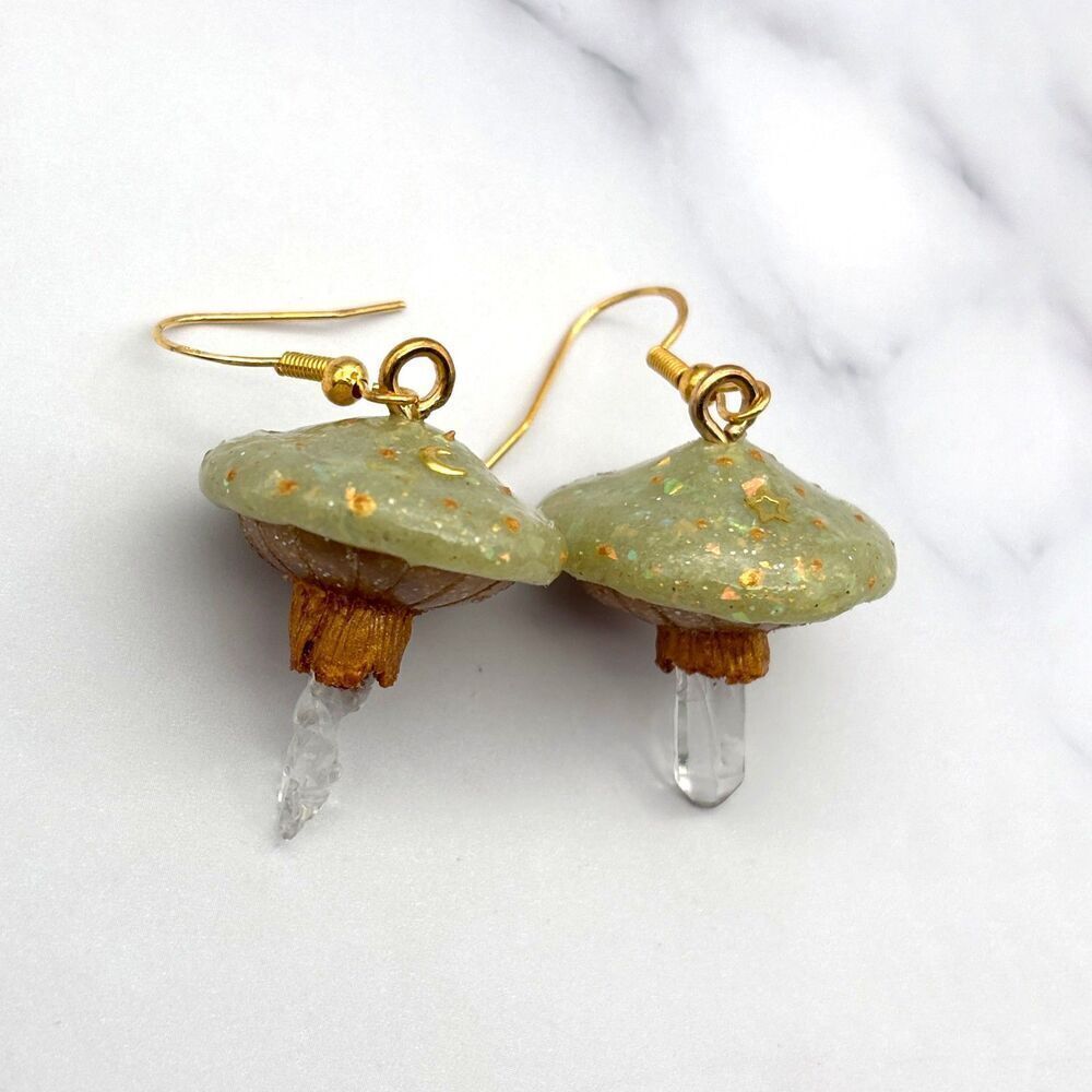 Green Mushroom Quartz Crystal Earrings | Polymer Clay Dangle with Moon and Star - Picture 7 of 10
